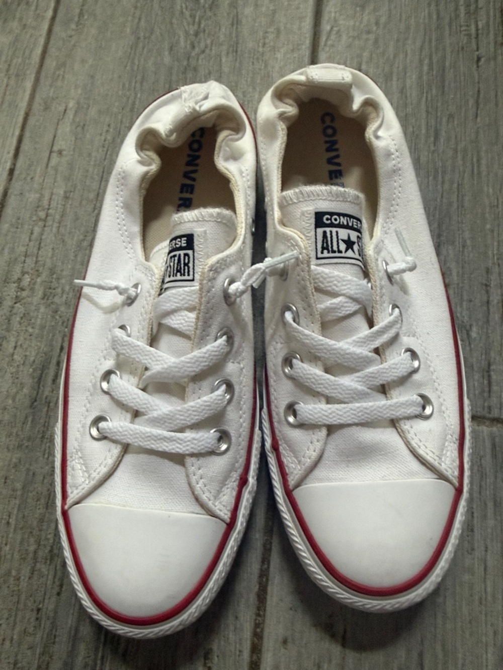 Converse White Low Top Sneakers with Red Trim slip on walk on sz 9 woman